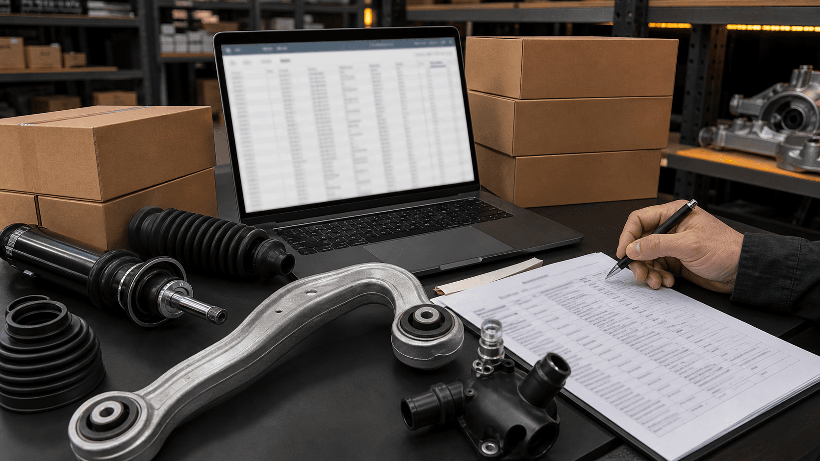 Dealer RFQ desk with parts list and product samples
